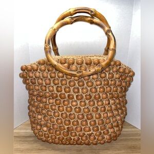 Mantessa handmade Japan vintage 50s wood bead handbag purse bamboo handles